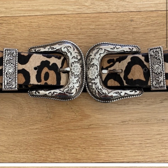 B-Low the Belt Accessories - B-Low the Belt Leopard Print Double Western Buckle Belt with Silver Hardware